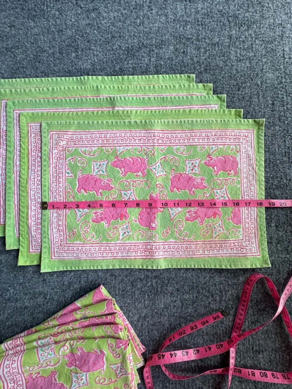 POMEGRANATE Green Pink Pig Cotton Placemats and Napkins Set of 5 each